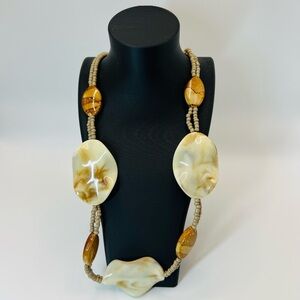Statement Beaded Necklace Cream & Brown Resin Stone Look Adjustable